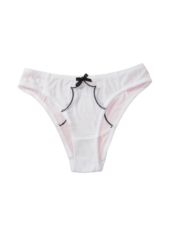 Womens Mid Rise Seamless Bikini Panties Sheer Mesh Geometric Stitching White Bow Detail Underwear