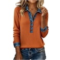 thumbnail image 1 of Fengactive Womens Mixed Media Sweater Denim Trim Ribbed Knit Henley Collar Long Sleeve Pullover Casual Fall Winter Top, 1 of 5