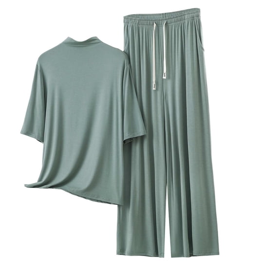 Fengactive Womens Mock Neck Lounge Set Half Sleeve Top and Drawstring Wide Leg Pants Sleepwear
