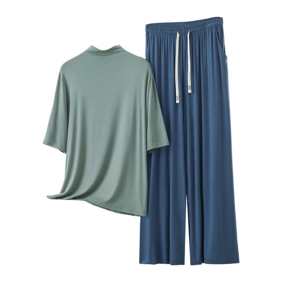 Fengactive Womens Mock Neck Lounge Set Half Sleeve Top and Drawstring Wide Leg Pants Sleepwear