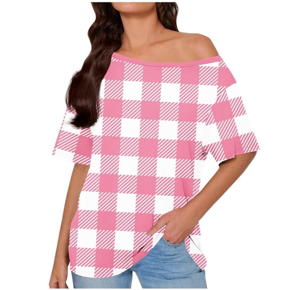 Fengactive Womens Off The Shoulder Tops Short Sleeve T-Shirts Plaid ...