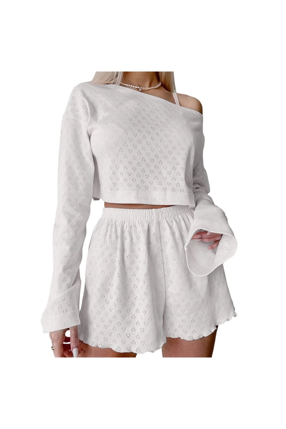 Womens One Shoulder Lounge Set Pointelle Heart Knit Long Sleeve Top and Shorts Sleepwear