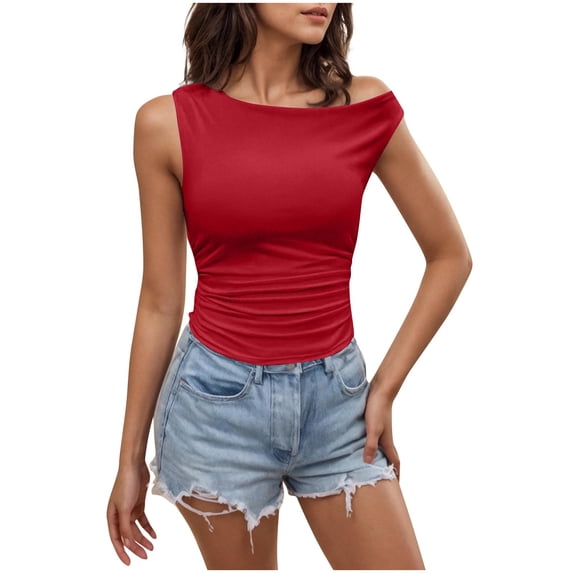 Fengactive Womens One Shoulder Tank Tops Summer Sleeveless Ruched Basic Shirts Slim Fit Off Shoulder Tees Vocation Tanks