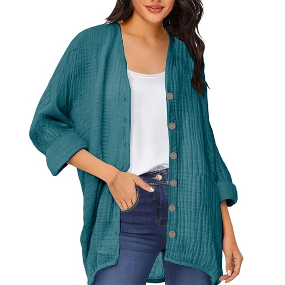 Fengactive Womens Open Front Cardigan Shirt Soft 3/4 Sleeve Lightweight Coat Casual Solid Color Button Loose Tops
