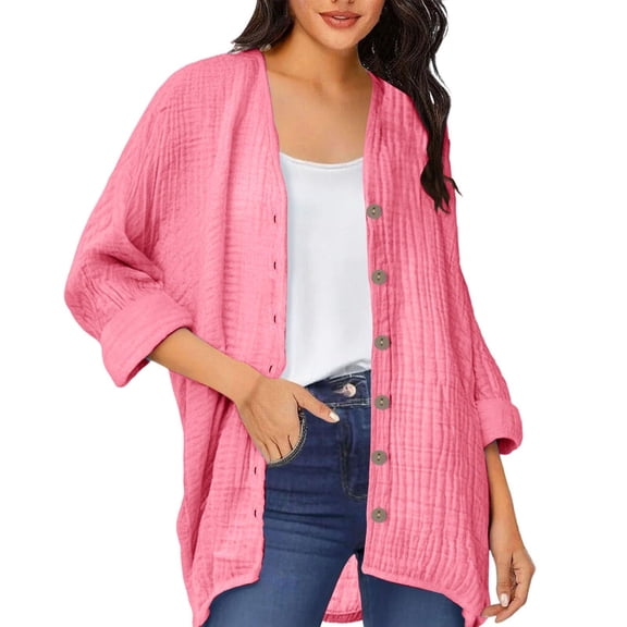 Fengactive Womens Open Front Cardigan Shirt Soft 3/4 Sleeve Lightweight Coat Casual Solid Color Button Loose Tops