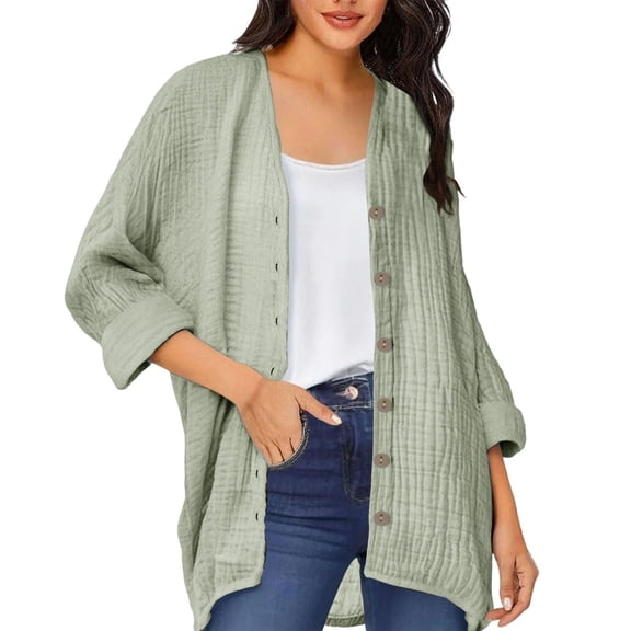 Fengactive Womens Open Front Cardigan Shirt Soft 3/4 Sleeve Lightweight Coat Casual Solid Color Button Loose Tops