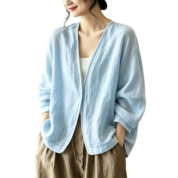 Fengactive Womens Open Front Cardigan V Neck Long Sleeve Loose Fit Textured Casual Top