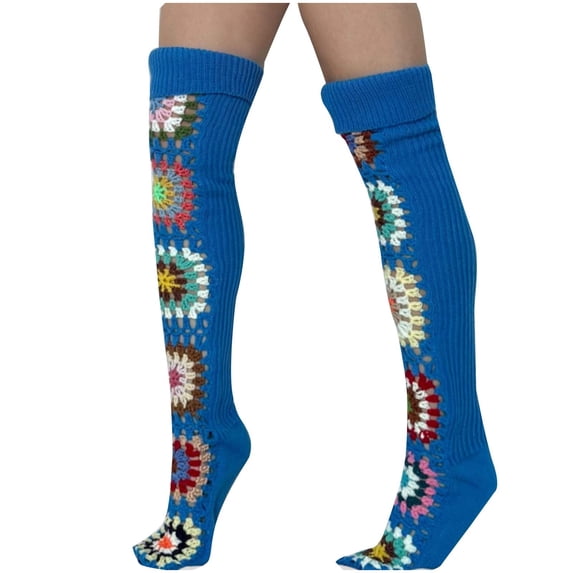 Fengactive Womens Over the Knee Socks Crochet Granny Square Knit Long Socks for Winter Warm Daily Wear