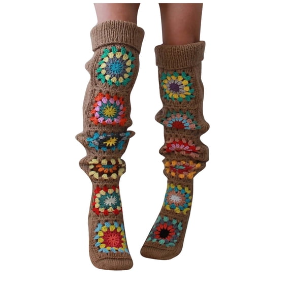 Fengactive Womens Over the Knee Socks Crochet Granny Square Knit Long Socks for Winter Warm Daily Wear