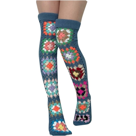 Fengactive Womens Over the Knee Socks Crochet Granny Square Knit Long Socks for Winter Warm Daily Wear