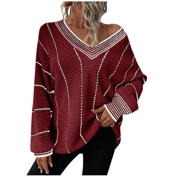 Fengactive Womens Oversized Striped Tunic Sweaters Casual V Neck Long Sleeve Color Block Knit Pullover Jumper Tops