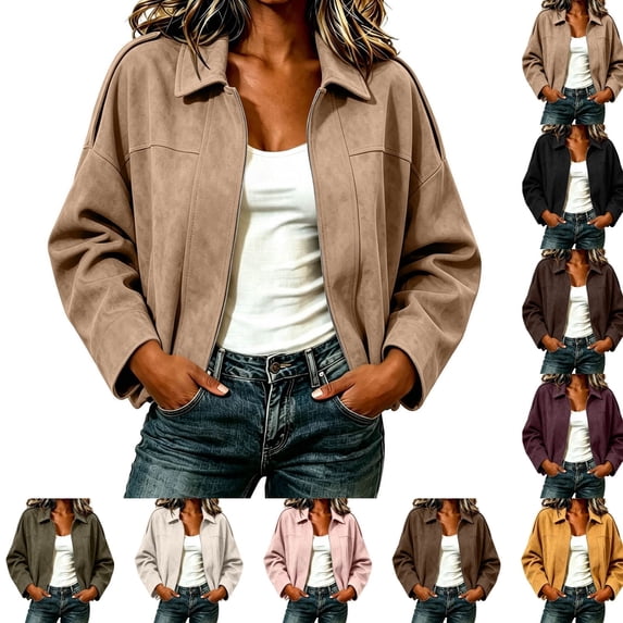QINGFSAP Womens Oversized Texture Jacket Solid Collar Full Zip Casual Fall Loose Fit Outerwear with Side Pockets Daily Fashion Short Coat