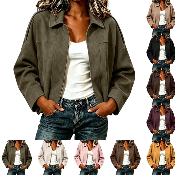 QINGFSAP Womens Oversized Texture Jacket Solid Collar Full Zip Casual Fall Loose Fit Outerwear with Side Pockets Daily Fashion Short Coat