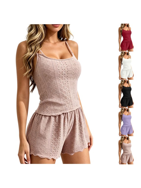 Womens Pajama Set Pointelle Knit Spaghetti Strap Cami Top with Shorts Ruffle Hem Sleepwear