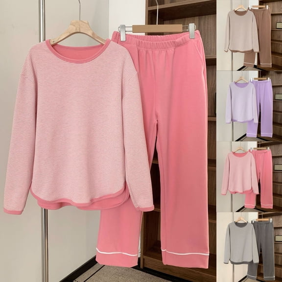 Fengactive Womens Pajama Set Sherpa Fleece Striped Top Elastic Waist Solid Pants 2 Piece Lounge Sleepwear Set