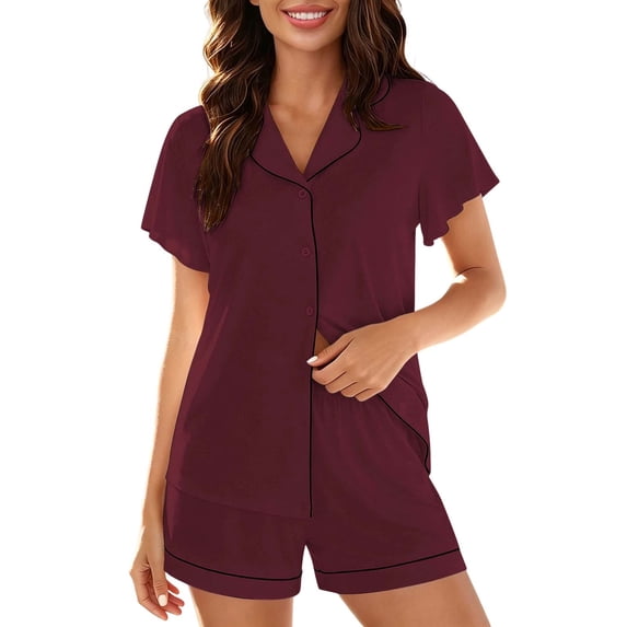 Fengactive Womens Pajama Set Short Sleeve Button Down Top and Shorts with Contrast Piping Trim