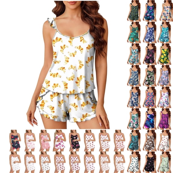 QINGFSAP Womens Pajama Sets Ruffle Cami Top and Shorts 2 Piece Lounge Set Sleepwear Summer Comfy Cute Pajama for Women