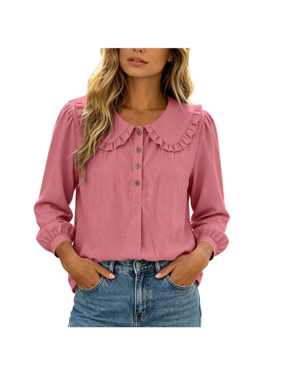 Womens Peter Pan Collar Blouse Ruffle Trim Half Placket Bishop Sleeve Long Sleeve Relaxed Fit Casual Top