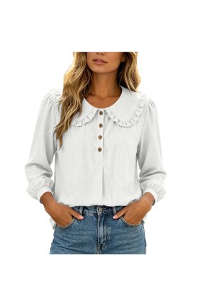 Womens Peter Pan Collar Blouse Ruffle Trim Half Placket Bishop Sleeve Long Sleeve Relaxed Fit Casual Top