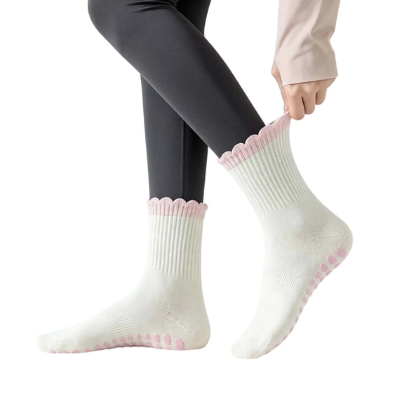 QINGFSAP Womens Pilates Grip Socks Non Slip Yoga Socks with Pink Scalloped Edge Ribbed Crew Socks for Barre