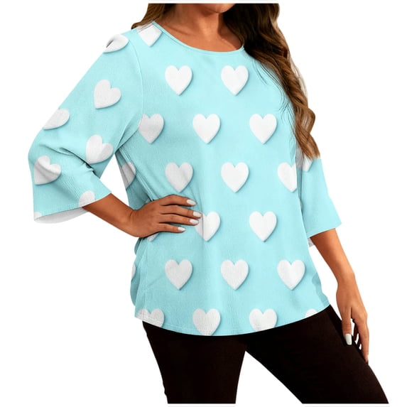 Fengactive Womens Plus Size 3/4 Flared Sleeve Round Neck Loose Fit Tunic Heart Print Blouse