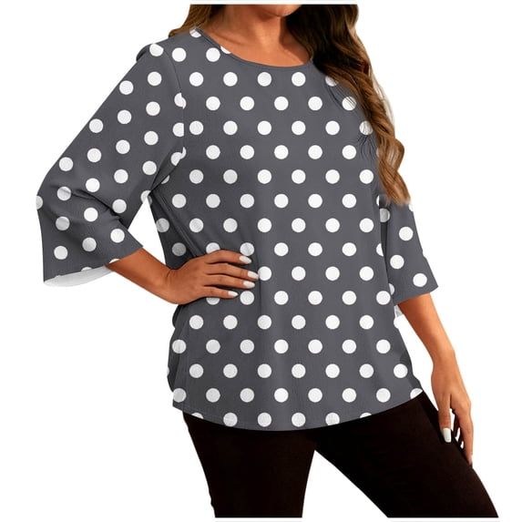 Fengactive Womens Plus Size 3/4 Flared Sleeve Round Neck Loose Fit Tunic Polka Dot Print Blouse