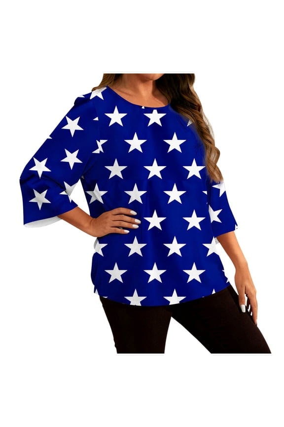 Womens Plus Size 3/4 Flared Sleeve Round Neck Loose Fit Tunic Star Print Blouse