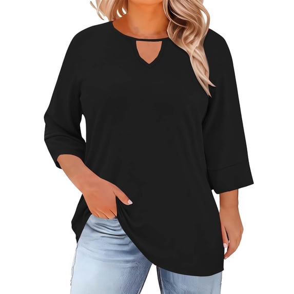Fengactive Womens Plus Size 3/4 Length Sleeve Shirts Crewneck Dressy Casual Blouses Trendy Keyhole Tunic Top