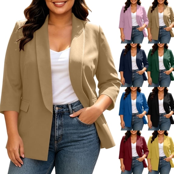 QINGFSAP Womens Plus Size 3/4 Sleeve Blazer Open Front Lapel with Pockets Lined Casual Work Jacket