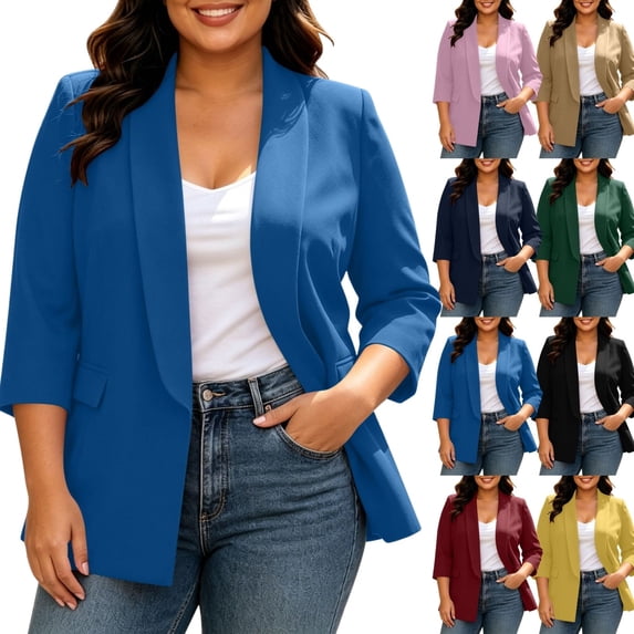 QINGFSAP Womens Plus Size 3/4 Sleeve Blazer Open Front Lapel with Pockets Lined Casual Work Jacket