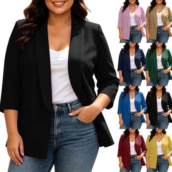 QINGFSAP Womens Plus Size 3/4 Sleeve Blazer Open Front Lapel with Pockets Lined Casual Work Jacket