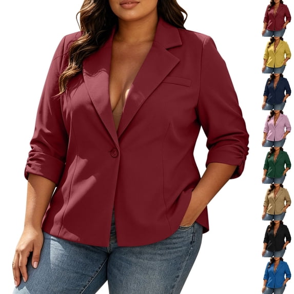 Fengactive Womens Plus Size Blazer 3/4 Sleeve Lapel Single Button Ruched Lined Casual Office Coat