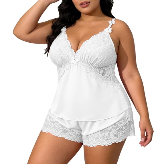 Fengactive Womens Plus Size Lace Satin Set Double Strap V Neck Top and Lace Hem Shorts Sleepwear