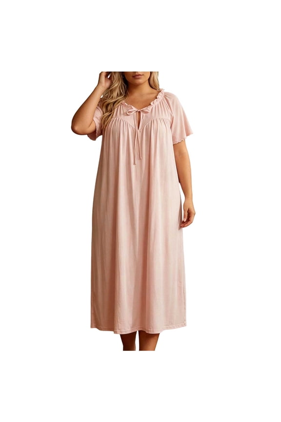 Womens Plus Size Sleep Dress Ruffle Neckline Bow Detail Short Sleeve Long Lounge Gown