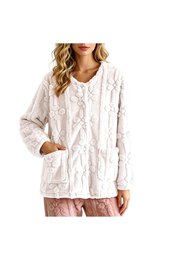 Womens Plush Fleece Cardigan Button Down 3D Floral Textured Warm Lounge Outerwear