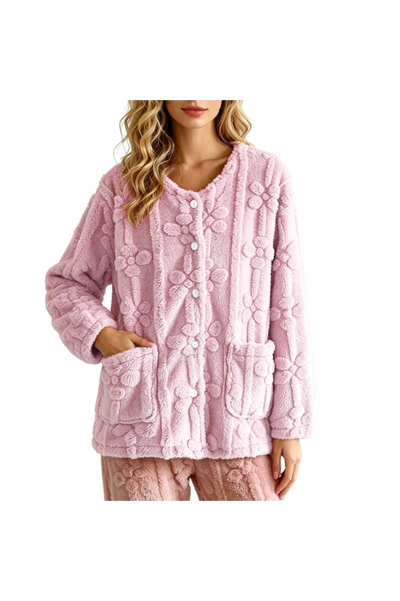 Womens Plush Fleece Cardigan Button Down 3D Floral Textured Warm Lounge Outerwear