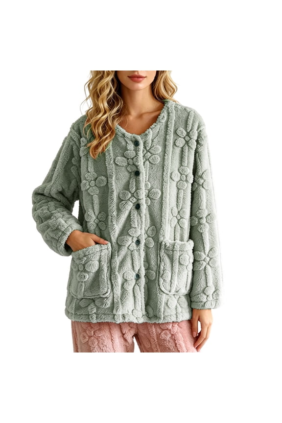 Womens Plush Fleece Cardigan Button Down 3D Floral Textured Warm Lounge Outerwear