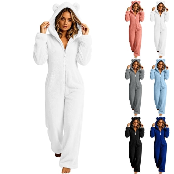 Fengactive Womens Plush Fleece Sleepwear Zip Up Hooded Onesie with Cute Bear Ears and Side Pockets