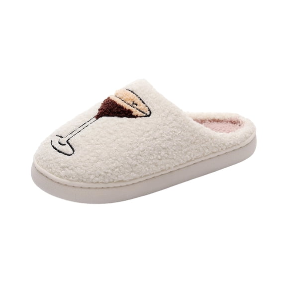 Fengactive Womens Plush Sherpa Slippers Funny Wine Glass Embroidered Warm Soft House Shoes Indoor Slip On