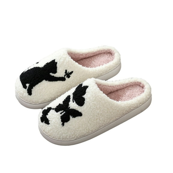 Fengactive Womens Plush Slippers Black Cat Butterfly Decor Warm Indoor Non Slip Home Slippers