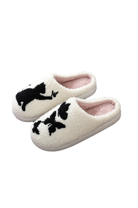 Womens Plush Slippers Black Cat Butterfly Decor Warm Indoor Non Slip Home Slippers
