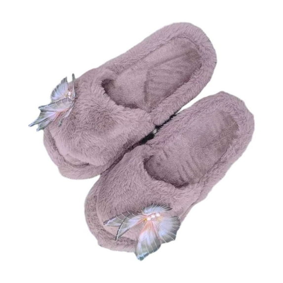 Fengactive Womens Plush Slippers Butterfly Decor Warm Indoor House Slippers Comfortable Slip On Home Shoes