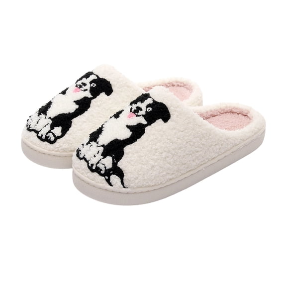 Fengactive Womens Plush Slippers Dog Embroidery Decor Cozy Warm Indoor House Shoes