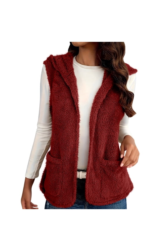 Womens Plush Warm Vest Sleeveless Open Front Hooded Vests Winter Jacket Running Vest with Pockets