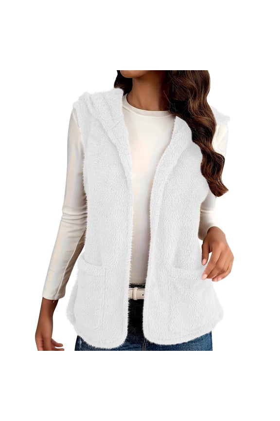 Womens Plush Warm Vest Sleeveless Open Front Hooded Vests Winter Jacket Running Vest with Pockets