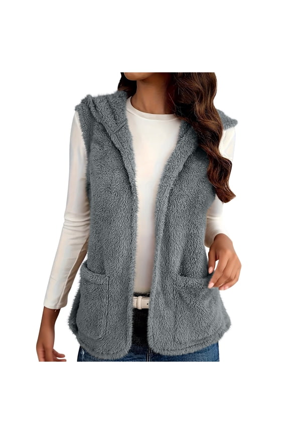 Womens Plush Warm Vest Sleeveless Open Front Hooded Vests Winter Jacket Running Vest with Pockets