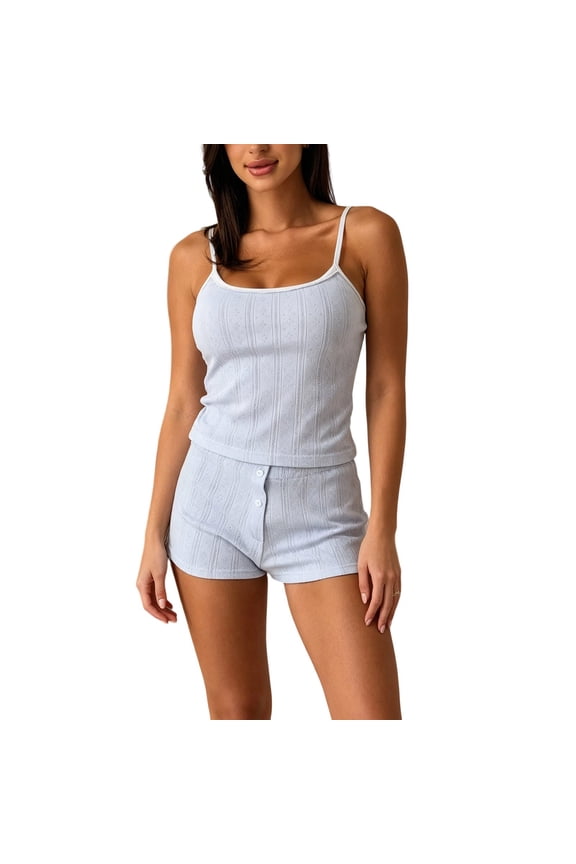 Womens Pointelle Cami Set Spaghetti Strap Top and Shorts with Buttons 2 Piece Sleepwear