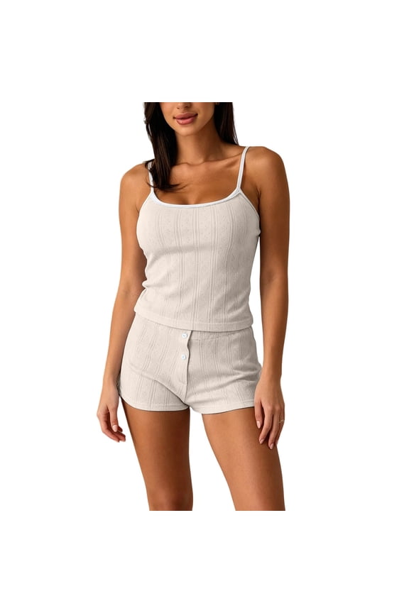 Womens Pointelle Cami Set Spaghetti Strap Top and Shorts with Buttons 2 Piece Sleepwear