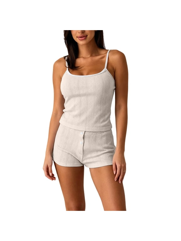 Womens Pointelle Cami Set Spaghetti Strap Top and Shorts with Buttons 2 Piece Sleepwear
