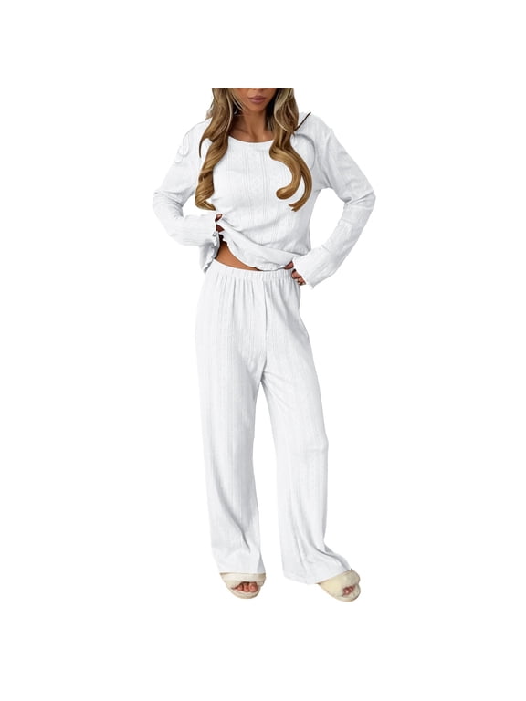 Womens Pointelle Knit Pajama Set Long Sleeve Ruffle Trim Top and Long Pants Sleepwear